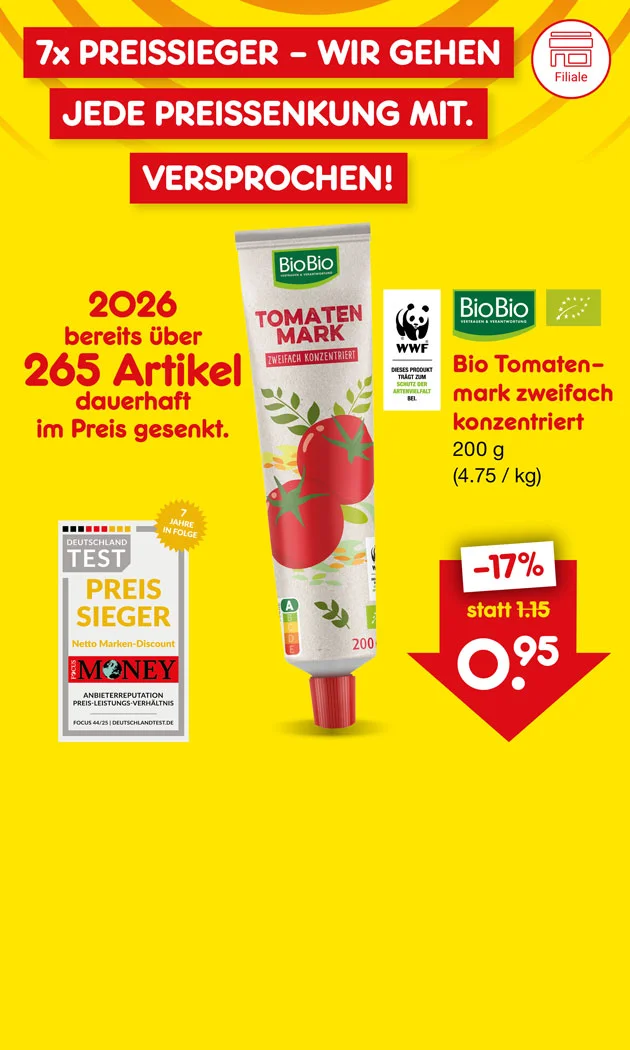 Gelbe Grafik mit roten Kreisen oben und wei&szlig;em Schriftzug in roten K&auml;sten: "Sieben Mal Preissieger. Jede Preissenkung gehen wir mit. Versprochen!". Text lautet &bdquo;Zweitausendsechsundzwanzig bereits &uuml;ber zweihundertf&uuml;nfundsechzig Artikel dauerhaft im Preis gesenkt.&ldquo; Rechts ein Siegel: &bdquo;Deutschland Test &ndash; Preissieger&ldquo;, dazu &bdquo;Geld-zur&uuml;ck-Garantie&ldquo;, &bdquo;Money&ldquo; und Hinweis &bdquo;f&uuml;nf Jahre in Folge&ldquo;. In der Mitte eine Tube &bdquo;BioBio Tomatenmark, zweifach konzentriert&ldquo;. Unten links Logos: WWF und BioBio sowie EU-Bio-Logo. Unten links Produkttext: &bdquo;Bio Tomatenmark zweifach konzentriert, zweihundert Gramm, vier Euro f&uuml;nfundsiebzig pro Kilogramm&ldquo;. Unten rechts roter Pfeil mit Preis: &bdquo;minus siebzehn Prozent, statt ein Euro f&uuml;nfzehn, f&uuml;nfundneunzig Cent&ldquo;. Der Button unten "Weitere preisgesenkte Artikel" l&auml;dt zum Klicken ein.