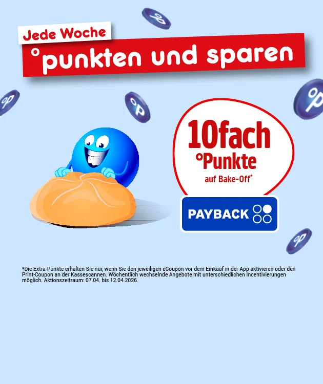 Hellblauer Hintergrund mit herumfliegenden blauen &bdquo;Punkte-Zeichen. Oben steht: &bdquo;Jede Woche punkten und sparen&ldquo;. Links lehnt ein blauer Pointee l&auml;chelnd an einem gro&szlig;en Brotlaib. Rechts in einem wei&szlig;en Kreis mit rotem Rand steht: &bdquo;zehnfach Punkte auf Bake-Off&ldquo;, darunter das &bdquo;PAYBACK&ldquo;-Logo. Sternchentext unten: &bdquo;Die Extra-Punkte erhalten Sie nur, wenn Sie den jeweiligen eCoupon vor dem Einkauf in der App aktivieren oder den Print-Coupon an der Kasse scannen. W&ouml;chentlich wechselnde Angebote mit unterschiedlichen Einl&ouml;sebedingungen m&ouml;glich. Aktionszeitraum: siebenter vierter bis zw&ouml;lfter vierter zweitausendsechsundzwanzig.&ldquo; Ganz unten ein Button &bdquo;Hier mehr erfahren&ldquo;, der zum Klicken einl&auml;dt.
