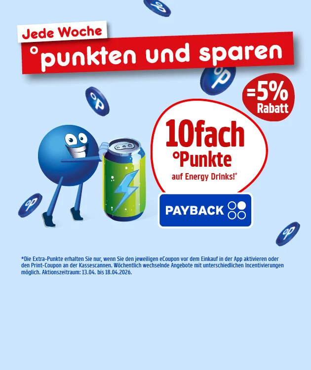 Hellblauer Hintergrund. Oben links steht &bdquo;Jede Woche punkten und sparen&ldquo;. Links steht ein blauer Pointee und h&auml;lt eine gr&uuml;ne Dose Energy-Drink mit Blitzsymbol; um die Szene herum sind mehrere PAYBACK-Punkte zu sehen. Rechts ein wei&szlig;es, rot umrandetes Feld mit dem Text: &bdquo;zehnfach Punkte auf Energy Drinks!&ldquo; Darunter das PAYBACK-Logo. Unten steht der Sternchentext: &bdquo;Die Extra-Punkte erhalten Sie nur, wenn Sie den jeweiligen eCoupon vor dem Einkauf in der App aktivieren oder den Print-Coupon an der Kasse scannen. W&ouml;chentlich wechselnde Angebote mit unterschiedlichen Incentivierungen m&ouml;glich. Aktionszeitraum: dreizehnter April bis achtzehnter April zweitausendsechsundzwanzig.&ldquo; Ganz unten ein Button &bdquo;Hier mehr erfahren&ldquo;, der zum Klicken einl&auml;dt.