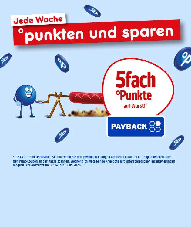 Die Grafik zeigt einen hellblauen Hintergrund mit mehreren dunkelblauen PAYBACK-Punkte-Symbolen, oben links &bdquo;Jede Woche&ldquo; und darunter auf rotem Banner &bdquo;punkten und sparen&ldquo;. Links steht ein blauer Pointee und h&auml;lt eine lange Wurst an einem Holzgestell &uuml;ber einer Feuerstelle. Rechts in einer wei&szlig;en Sprechblase mit roter Umrandung steht &bdquo;f&uuml;nffach Punkte auf Wurst&ldquo;, darunter das PAYBACK-Logo. Sternchentext: &bdquo;Von der Bepunktung ausgenommen (nicht rabattf&auml;hig): Pfand, Tabakwaren, Buch- und Presseerzeugnisse, Tchibo- und Eduscho-Artikel, Pre- und Anfangsmilchnahrung, Gutscheine und Guthabenkarten. Aktionszeitraum: siebenundzwanzigster April bis zweiter Mai zweitausendsechsundzwanzig.&ldquo; Unten ein Button &bdquo;Hier mehr erfahren&ldquo;, der zum Klicken einl&auml;dt.