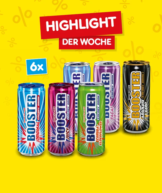 Das Bild zeigt sechs Dosen Booster Energy Drink in verschiedenen Sorten und Farben: blau f&uuml;r Original, pink f&uuml;r Juicy, gr&uuml;n f&uuml;r Guarana Lemon Lime, hellblau f&uuml;r eine weitere Sorte, lila f&uuml;r Berry Coconut und schwarz f&uuml;r Absolute Zero. Im Hintergrund ist ein gelber Farbverlauf mit Prozentzeichen. Oben steht in wei&szlig;er Schrift auf rotem Hintergrund &bdquo;Highlight der Woche&ldquo;. Links daneben ist ein blauer Kasten mit der wei&szlig;en Aufschrift &bdquo;sechs mal&ldquo;. Unten mittig ein wei&szlig;es Feld mit roter Schrift: &bdquo;Weitere Angebote entdecken&ldquo;, das zum Klicken einl&auml;dt.