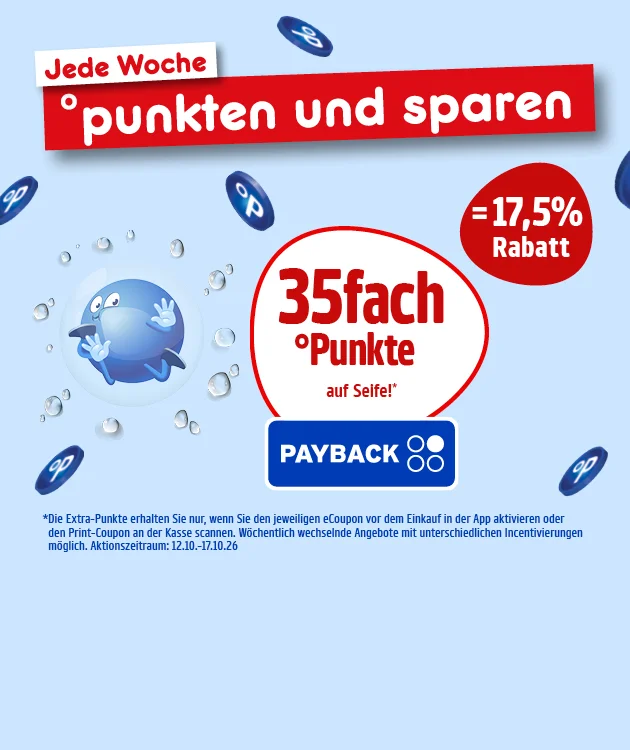 Diese Grafik zeigt auf hellblauem Hintergrund oben den Hinweis &bdquo;Jede Woche &deg;punkten und sparen&ldquo;. Links ist die blaue Payback-Figur mit H&auml;nden vor dem Gesicht abgebildet. Daneben steht in einem wei&szlig;en Kreis &bdquo;35fach &deg;Punkte auf Seife!*&ldquo; mit Payback-Logo; rechts weist ein roter Kreis auf &bdquo;=17,5 % Rabatt&ldquo; hin. Im Hintergrund sind mehrere schwebende Payback-Punkte zu sehen. Unten steht ein Hinweis zur Aktivierung des Coupons in der App oder an der Kasse sowie zum Aktionszeitraum vom 12.10. bis 17.10.2026. Unten in der Mitte l&auml;dt ein Button mit der Aufschrift &bdquo;Hier mehr erfahren&ldquo; zum Klicken ein.