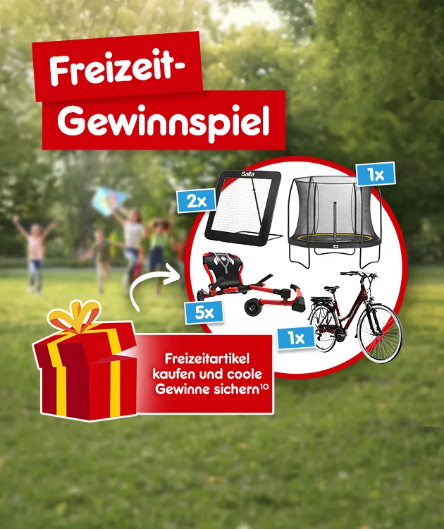 Freizeit-Gewinnspiel: Freizeitartikel kaufen und coole Sachen, wie ein Fahrrad, ein Trampolin oder andere Gewinne bei Netto-Online sichern mit Hochzahl 10, die auf rechtliche Hinweise verweist.