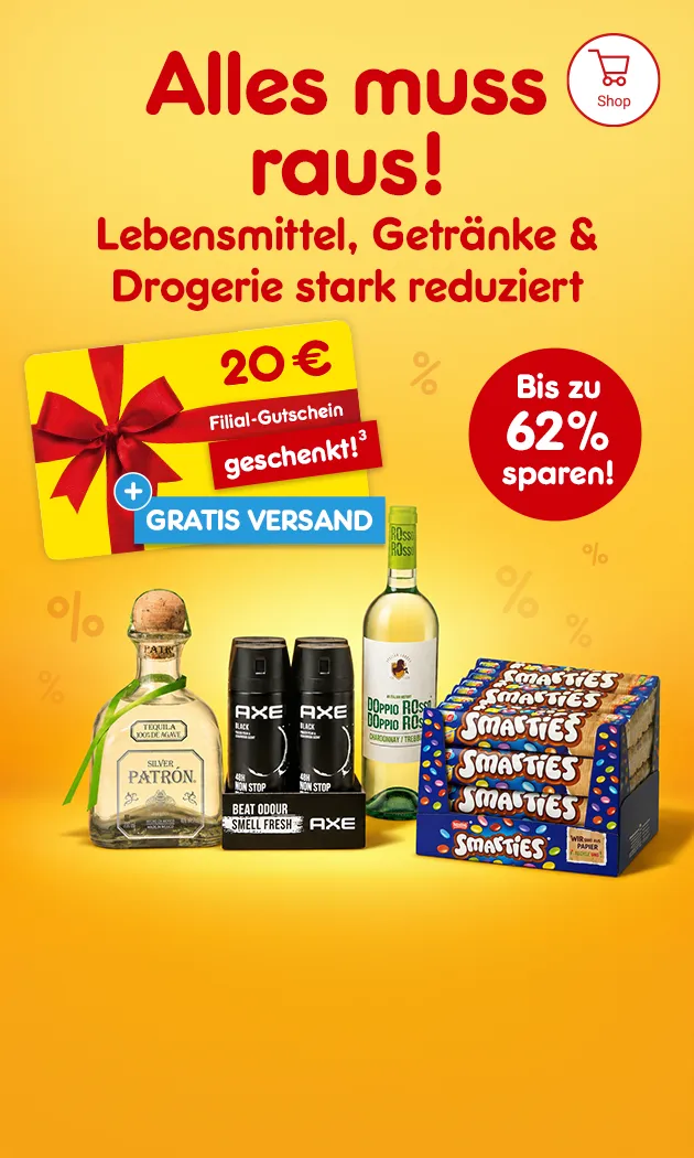 Alles muss raus! Lebensmittel, Getr&auml;nke & Drogerie stark reduziert. Bis zu 62% sparen und einen 20&euro; Filialgutschein + gratis Versand geschenkt bei Netto Online hoch 3, die auf den rechtliches verweist.