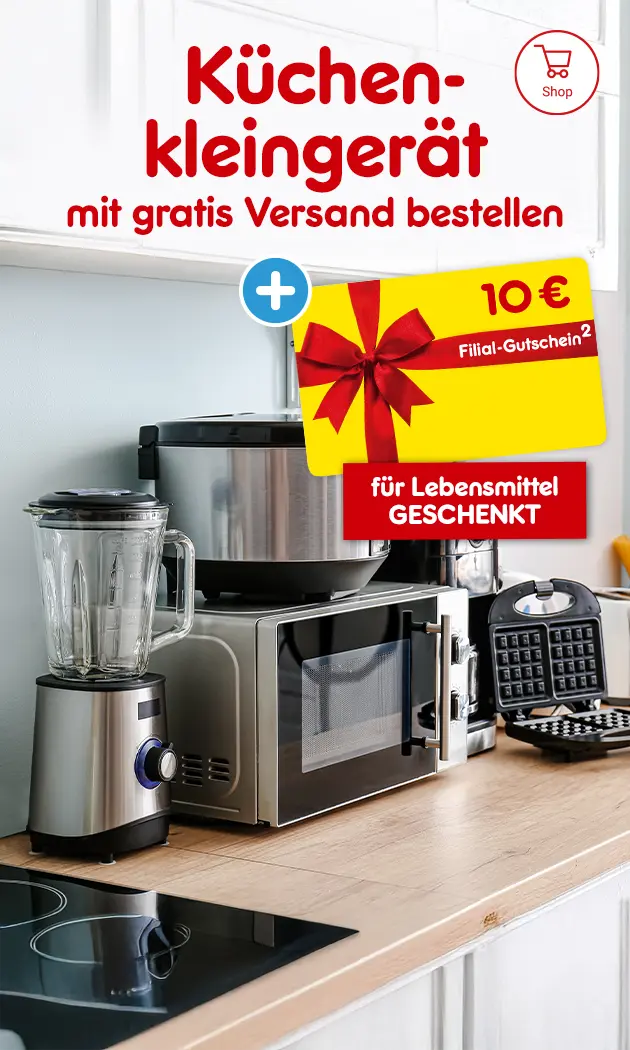 K&uuml;chenkleinger&auml;te mit gratis Versand bestellen und 10&euro; Filialgutschein f&uuml;r Lebensmittel geschenkt bekommen. mit Hochzahl 2 als Hinweis auf Rechtstext bei Netto Online