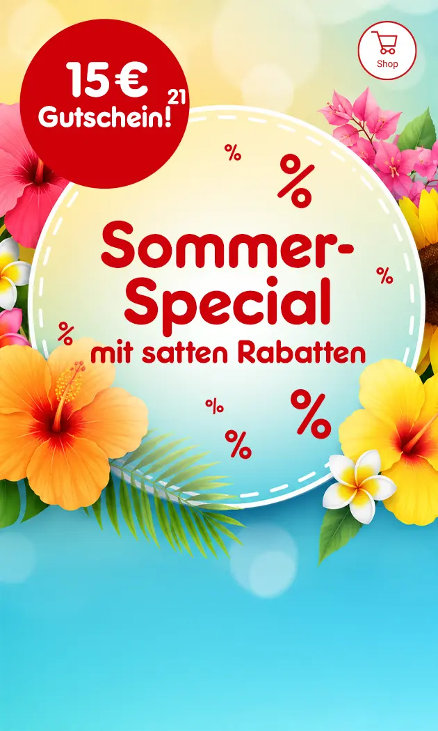 Sommer-Special mit satten Rabatten. 15 Euro Gutschein mit Hoch 21, die auf einen Rechtstext verweisen.