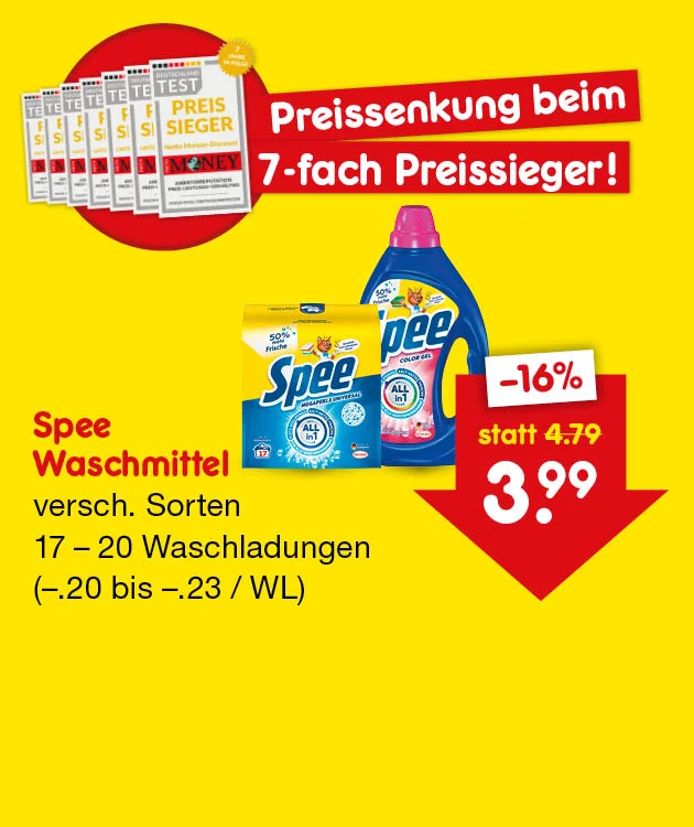 Diese Grafik zeigt einen gelben Hintergrund mit siebenfach dargestellten Siegeln &bdquo;Preissieger&ldquo; von &bdquo;Deutschland Test&ldquo;, &bdquo;Netto Marken-Discount&ldquo; und &bdquo;Money&ldquo; sowie dem Schriftzug &bdquo;Preissenkung beim siebenfach Preissieger!&ldquo;. In der Mitte sind zwei schwarze AXE-Deosprays der Sorten &bdquo;Alaska&ldquo; und &bdquo;Leather Cookies&ldquo; zu sehen. Links steht &bdquo;AXE Deospray, verschiedene Sorten, einhundertf&uuml;nfzig Milliliter, f&uuml;nfundzwanzig Euro pro Liter&ldquo;. Rechts zeigt ein roter Pfeil &bdquo;minus f&uuml;nf Prozent&ldquo;, &bdquo;statt drei Euro f&uuml;nfundneunzig&ldquo; und den neuen Preis &bdquo;drei Euro f&uuml;nfundsiebzig&ldquo;. Unten l&auml;dt der Button &bdquo;Weitere preisgesenkte Artikel&ldquo; zum Klicken ein.