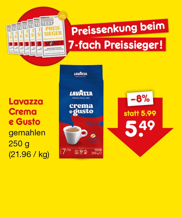 Diese Grafik zeigt auf gelbem Hintergrund links oben ein rotes Siegel mit mehreren Testheften und dem Hinweis &bdquo;Preissenkung beim siebenfachen Preissieger!&ldquo;, mittig eine blaue Packung &bdquo;Lavazza Crema e Gusto&ldquo;, darunter links den Text &bdquo;Lavazza Crema e Gusto, gemahlen, zweihundertf&uuml;nfzig Gramm, einundzwanzig Euro sechsundneunzig pro Kilogramm&ldquo; und rechts einen roten Pfeil mit &bdquo;minus acht Prozent&ldquo;, &bdquo;statt f&uuml;nf Euro neunundneunzig&ldquo; und dem Preis &bdquo;f&uuml;nf Euro neunundvierzig&ldquo;; unten befindet sich ein wei&szlig;er Button mit rotem Rand und der Aufschrift &bdquo;Weitere preisgesenkte Artikel&ldquo;, der zum Klicken einl&auml;dt.