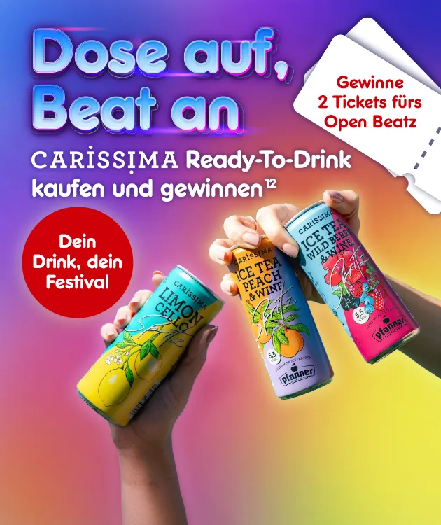 Dose auf Beat an, Carissima Ready-to-drink kaufen und gewinnen. Dein Drink dein Festival. Gewinne 2 Tickets f&uuml;rs Open Beatz. Mit der Hochzahl 12, die auf den Rechtstext verweist.