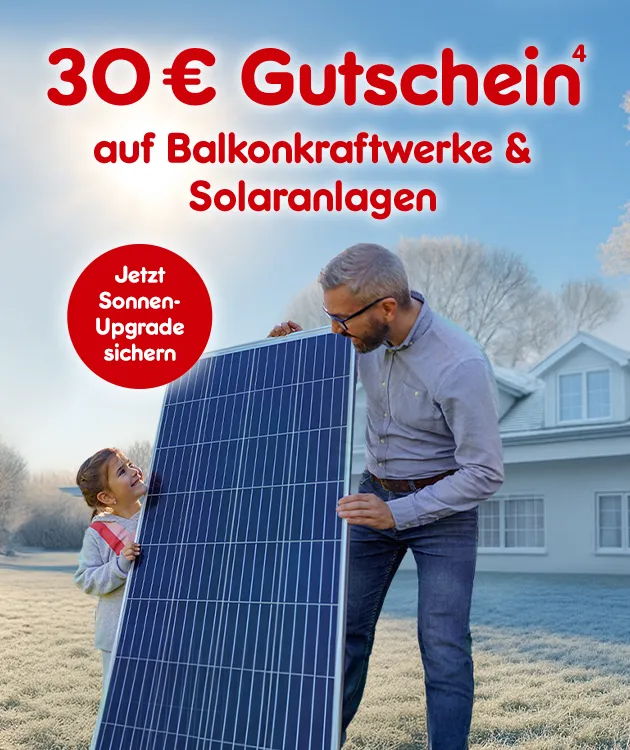 30 Euro Gutschein auf Balkonkraftwerke und Solaranlagen. Jetzt Sonnen-Upgrade sichern bei Netto Online, mit Hochzahl 4 die auf rechtliche Hinweise verweist