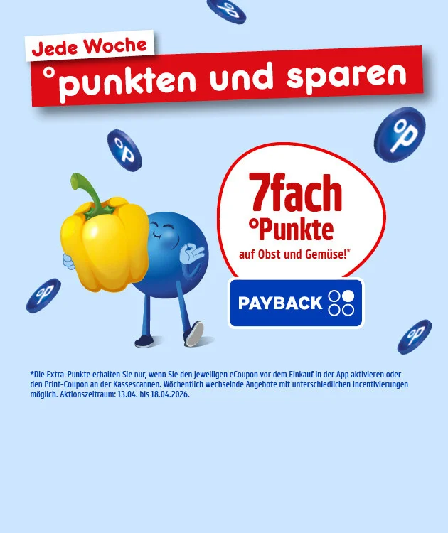 Hellblauer Hintergrund. Oben links steht &bdquo;Jede Woche punkten und sparen&ldquo;. In der Mitte h&auml;lt ein blauer Pointee eine gelbe Paprika. Rechts daneben ein wei&szlig;es, rot umrandetes Feld mit dem Text: &bdquo;siebenfach Punkte auf Obst und Gem&uuml;se!&ldquo; Darunter das PAYBACK-Logo. Um die Szene herum sind mehrere PAYBACK-Punkte zu sehen. Unten steht der Sternchentext: &bdquo;Die Extra-Punkte erhalten Sie nur, wenn Sie den jeweiligen eCoupon vor dem Einkauf in der App aktivieren oder den Print-Coupon an der Kassenccanne. W&ouml;chentlich wechselnde Angebote mit unterschiedlichen Incentivierungen m&ouml;glich. Aktionszeitraum: dreizehnter April bis achtzehnter April zweitausendsechsundzwanzig.&ldquo; Ganz unten ein Button &bdquo;Hier mehr erfahren&ldquo;, der zum Klicken einl&auml;dt.