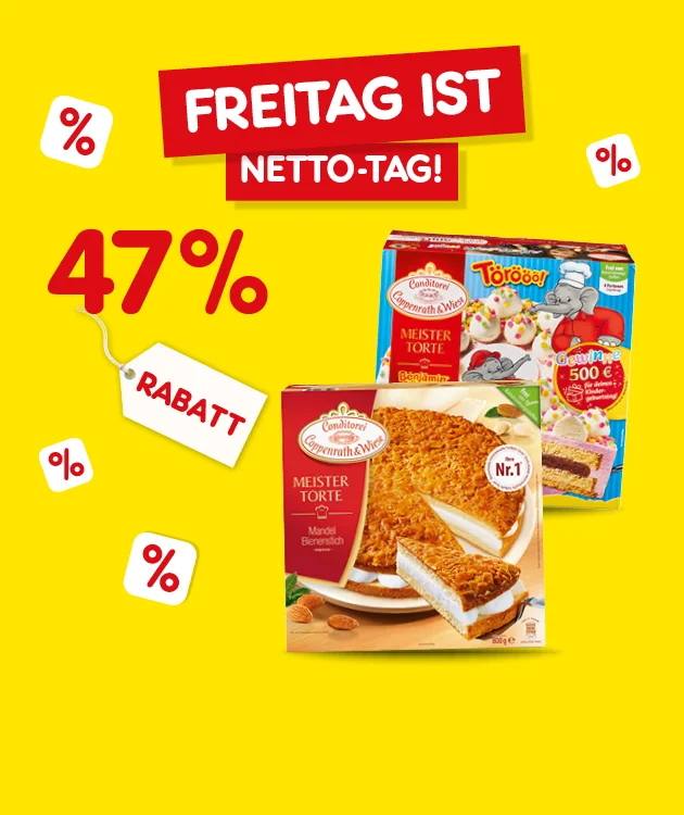 Grafik mit gelbem Hintergrund. Oben steht in gro&szlig;en wei&szlig;en Buchstaben auf rotem Hintergrund: &bdquo;Freitag ist Netto-Tag!&ldquo;. Darunter sind mehrere rote Prozentzeichen verteilt. Links steht gro&szlig; &bdquo;f&uuml;nfzig Prozent Rabatt&ldquo; mit einem wei&szlig;en Anh&auml;nger, auf dem &bdquo;Rabatt&ldquo; steht. Im Vordergrund sind zwei Packungen Coppenrath & Wiese Tiefk&uuml;hltorten abgebildet: eine Meister Torte Mandel-Bienenstich und eine Meister Torte Erdbeer-Sahne. Unten mittig befindet sich ein wei&szlig;er Button mit rotem Rand und roter Schrift: &bdquo;Weitere Knaller-Angebote&ldquo;, der zum Klicken einl&auml;dt.