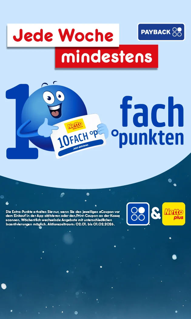 Grafik mit blauem Hintergrund und Sternenmuster. Links oben das Payback-Logo. In der Mitte ein blauer, l&auml;chelnder Pointee, der mit dem Finger auf einen Coupon zeigt. Daneben steht in gro&szlig;er Schrift: "Jede Woche mindestens zehnfach punkten". Unten links die Logos von Payback und Netto plus. Unten rechts ein gelber Button mit rotem Rand und der Aufschrift "Hier mehr erfahren", der zum Klicken einl&auml;dt.