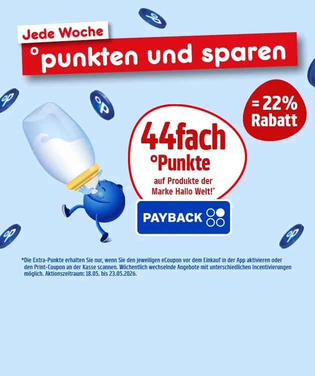 Diese Grafik zeigt einen hellblauen Hintergrund mit der &Uuml;berschrift &bdquo;Jede Woche&ldquo; und dem gro&szlig;en Text &bdquo;punkten und sparen&ldquo;. Links ist ein blauer Pointee zu sehen, der eine gro&szlig;e Babyflasche h&auml;lt; darum fliegen mehrere runde Payback-Punkte. In der Mitte steht in einem wei&szlig;en Kreis mit rotem Rand &bdquo;vierundvierzigfach Punkte auf Produkte der Marke Hallo Welt!&ldquo; und darunter das Payback-Logo. Rechts steht in einem roten Kreis &bdquo;gleich zweiundzwanzig Prozent Rabatt&ldquo;. Unten steht der Sternchentext: &bdquo;Die Extra-Punkte erhalten Sie nur, wenn Sie den jeweiligen eCoupon vor dem Einkauf in der App aktivieren oder den Print-Coupon an der Kasse scannen. W&ouml;chentlich wechselnde Angebote mit unterschiedlichen Incentivierungen m&ouml;glich. Aktionszeitraum: achtzehnter F&uuml;nfter bis dreiundzwanzigster F&uuml;nter zweitausendsechsundzwanzig&ldquo;. Ganz unten l&auml;dt ein Button mit der Aufschrift &bdquo;Hier mehr erfahren&ldquo; zum Klicken ein.