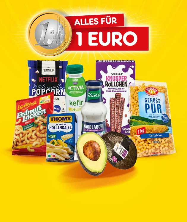 Auf der gelben Angebotsgrafik sieht man eine Ein-Euro-M&uuml;nze und einen roten Hinweis Alles f&uuml;r ein Euro. Abgebildet sind verschiedene Produkte, darunter Popcorn, ein Trinkprodukt, Knusperm&uuml;sli, ein Glasaufstrich, eine Sauce, Cracker, Avocado und weitere Lebensmittel. Unten steht in einem wei&szlig;en Button mit roter Umrandung Jetzt Angebote entdecken. Der Hintergrund ist leuchtend gelb mit Lichtstrahlen.