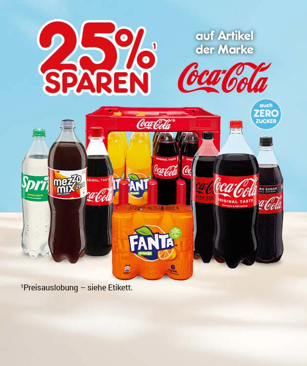 Diese Grafik zeigt auf hellblauem Hintergrund den Schriftzug &bdquo;f&uuml;nfundzwanzig Prozent sparen auf Artikel der Marke Coca-Cola&ldquo;. Abgebildet sind verschiedene Getr&auml;nke der Marken Coca-Cola, Fanta, Sprite, Mezzo Mix und Coca-Cola Zero. Unten steht der Hinweis &bdquo;Preisauslobung siehe Etikett&ldquo;. Ganz unten befindet sich ein Button mit der Aufschrift &bdquo;Weitere Sparangebote entdecken&ldquo;, der zum Klicken einl&auml;dt.