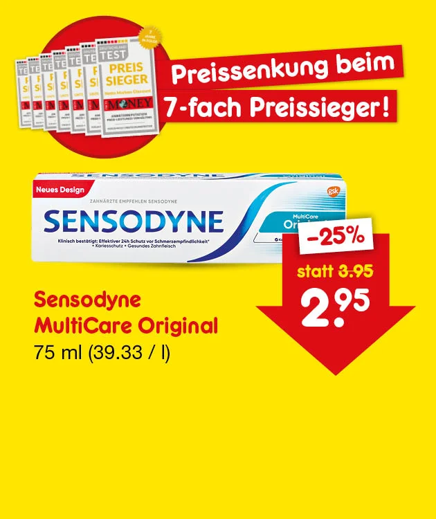 Preissenkung beim siebenfach Preissieger! "mit Testsiegel&sbquo; Test Preissieger". Produktabbildung Sensodyne MultiCare Original, neues Design. Text: Sensodyne MultiCare Original, f&uuml;nfundsiebzig Milliliter (neununddrei&szlig;ig Euro und dreiunddrei&szlig;ig Cent pro Liter). Preis: minus f&uuml;nfundzwanzig Prozent, statt drei Euro f&uuml;nfundneunzig jetzt zwei Euro f&uuml;nfundneunzig. Unten ein Button "Weitere preisgesenkte Artikel", der zum Klicken einl&auml;dt.