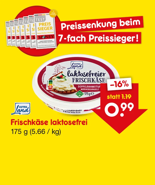 Gelbe Netto-Werbegrafik: &bdquo;Preissenkung beim siebenfach Preissieger!&ldquo; mit Testmagazin-Siegeln. Produkt: Gutes Land Frischk&auml;se laktosefrei, einhundertf&uuml;nfundsiebzig Gramm, f&uuml;nf Euro sechsundsechzig pro Kilogramm. Preissenkung: &bdquo;minus sechzehn Prozent&ldquo;, &bdquo;statt ein Euro neunzehn&ldquo;, jetzt neunundneunzig Cent. Unten ein Button &bdquo;Weitere preisgesenkte Artikel&ldquo;, der zum Klicken einl&auml;dt.
