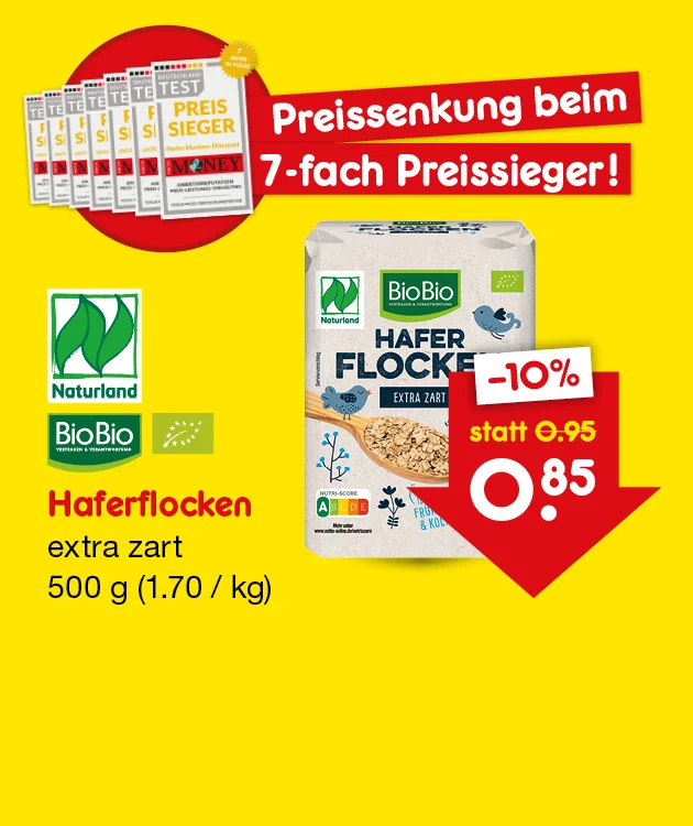 Diese Grafik zeigt eine Werbeanzeige f&uuml;r &bdquo;BioBio Haferflocken extra zart&ldquo; auf gelbem Hintergrund. Oben steht auf roten Balken &bdquo;Preissenkung beim 7-fach Preissieger!&ldquo;, daneben sind mehrere &bdquo;Deutschland TEST Preis Sieger&ldquo;-Auszeichnungen mit dem Hinweis &bdquo;7 Jahre in Folge&ldquo; zu sehen. In der Mitte ist die Packung &bdquo;BioBio Haferflocken extra zart&ldquo; abgebildet, links daneben stehen Produktname, Sorte und F&uuml;llmenge &bdquo;500 g (1.70 / kg)&ldquo; zusammen mit Bio-Siegeln. Rechts zeigt ein rotes Preisschild die Preisreduzierung um 10 Prozent auf 0.85 statt 0.95. Unten links befindet sich ein &bdquo;Filiale&ldquo;-Button.