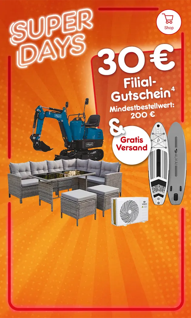 Super Days mit 30 Euro Filial Gutschein und Mindestbestellwert 200 Euro. Gratis Versand. Hochzahl 4 als Hinweis auf Rechtstext bei Netto Online