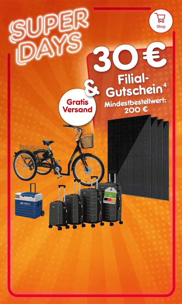 Super Days mit 30 Euro Filial Gutschein und Mindestbestellwert 200 Euro. Gratis Versand. Hochzahl 4 als Hinweis auf Rechtstext bei Netto Online