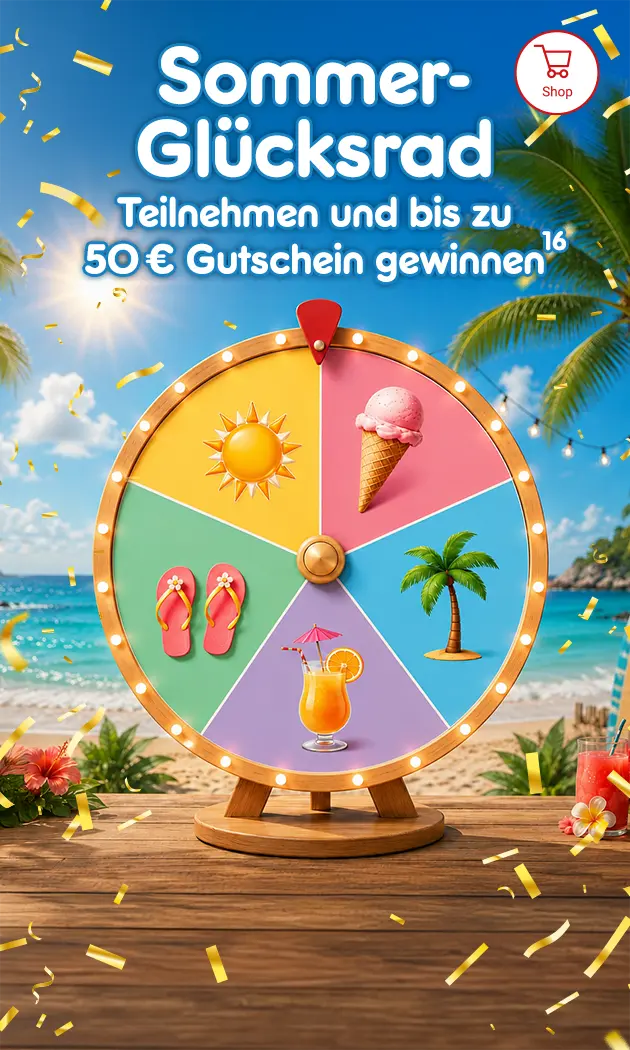 Werbebild zum Sommer-Gl&uuml;cksrad mit tropischem Strandhintergrund, buntem Gl&uuml;cksrad mit Sommersymbolen und dem Text &bdquo;Sommer-Gl&uuml;cksrad &ndash; Teilnehmen und bis zu 50 &euro; Gutschein gewinnen mit hochzahl 16 verweisend auf Rechtstexte
