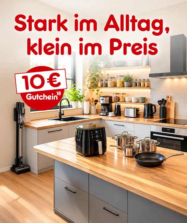 Stark im Alltag, klein im Preis mit 10 Euro Gutschein und Hochzahl 18 als Hinweis auf Rechtstext bei Netto online