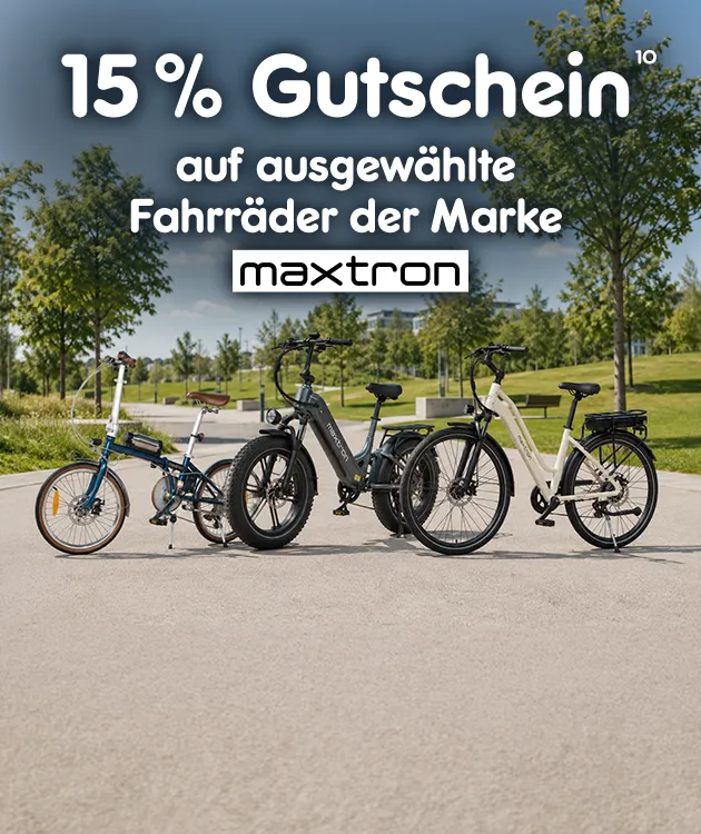 15 % Gutschein auf ausgew&auml;hlte Fahrr&auml;der von Maxtron mit Hinweis auf Rechtstext.