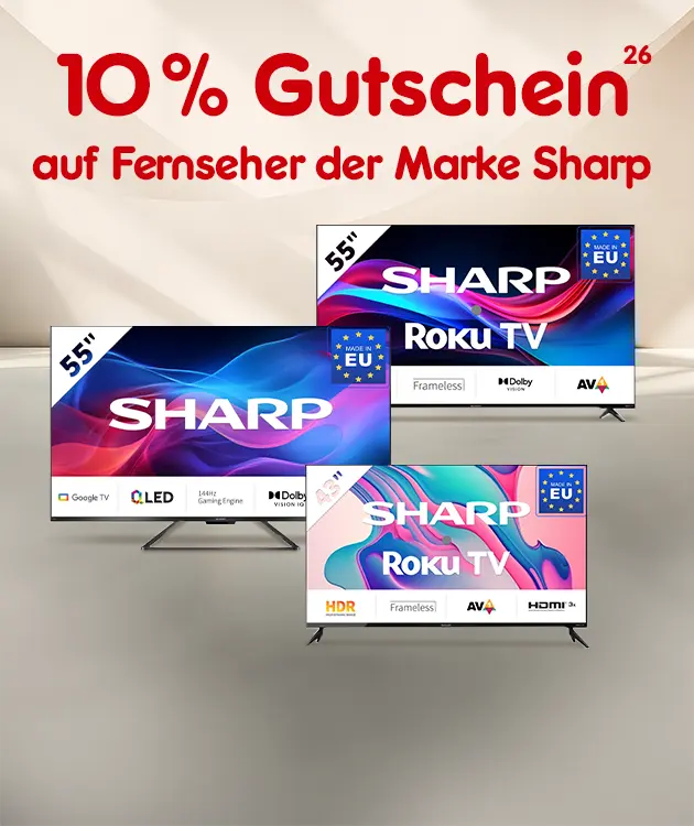 10% Gutschein auf Fernseher der Marke Sharp mit Hochzahl 26 als Hinweis auf Rechtstext bei Netto Online.