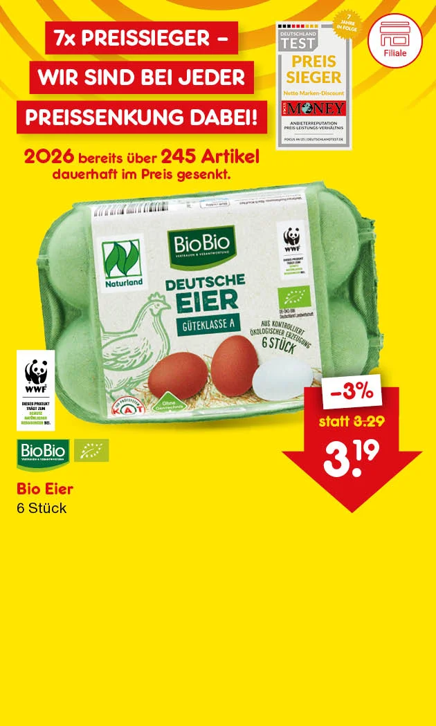 Eine Grafik mit gelbem Hintergrund, darauf ist mit roter &Uuml;berschrift &bdquo;7x Preissieger &ndash; Wir sind bei jeder Preissenkung dabei!&ldquo; zu sehen. Es wird darauf hingewiesen, dass 2026 bereits &uuml;ber 245 Artikel dauerhaft im Preis gesenkt wurden. Abgebildet ist eine gr&uuml;ne Sechserpackung &bdquo;BioBio Deutsche Eier&ldquo; mit Bio- und WWF-Logo. Rechts unten wird der reduzierte Preis von 3,19 &euro; (&ndash;3 %) statt 3,29 &euro; hervorgehoben. Links ist ein &bdquo;Deutschland Test Preissieger&ldquo;-Siegel von Focus Money zu sehen.