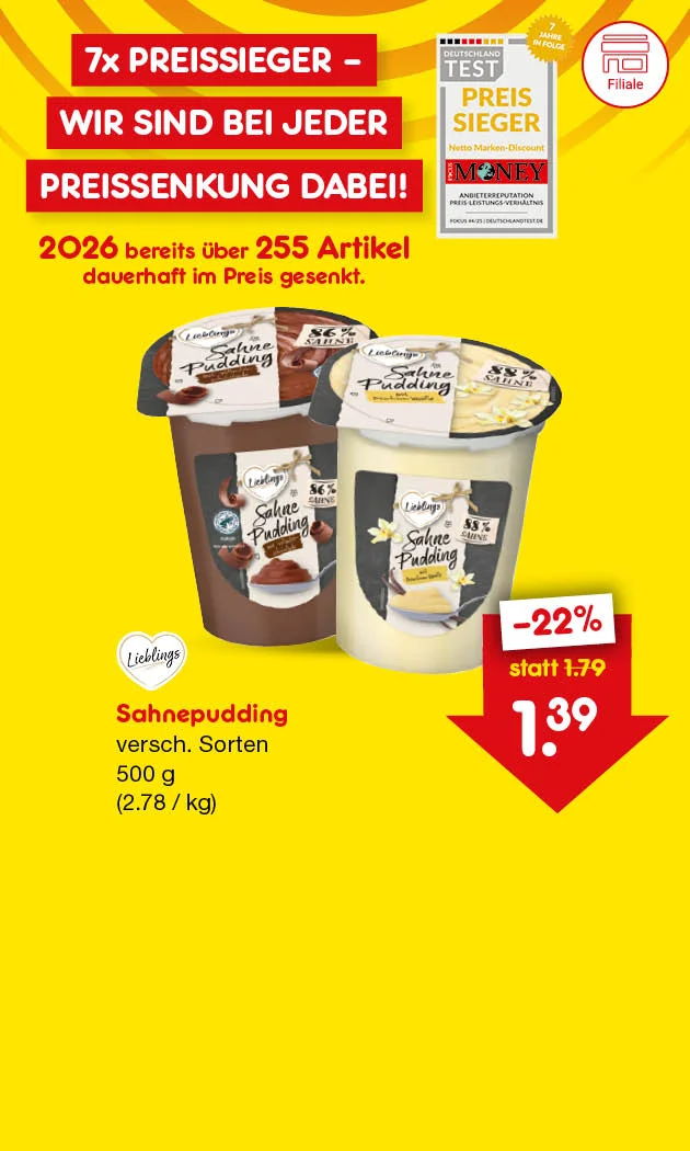 Eine gelbe Grafik zeigt: &bdquo;siebenmal Preissieger &ndash; wir sind bei jeder Preissenkung dabei!&ldquo; Auszeichnung &bdquo;Deutschland Test: Preissieger&ldquo; f&uuml;r Netto Marken-Discount. Hinweis: &bdquo;zweitausendsechsundzwanzig bereits &uuml;ber zweihundertf&uuml;nfundf&uuml;nfzig Artikel dauerhaft im Preis gesenkt.&ldquo; Produktabbildung: &bdquo;Lieblings Sahnepudding, verschiedene Sorten, f&uuml;nfhundert Gramm, zwei Euro achtundsiebzig pro Kilogramm.&ldquo; Preissenkung: &bdquo;minus zweiundzwanzig Prozent, statt ein Euro neunundsiebzig, jetzt ein Euro neununddrei&szlig;ig.&ldquo; Unten ein Button: &bdquo;Weitere preisgesenkte Artikel&ldquo; &ndash; l&auml;dt zum Klicken ein.