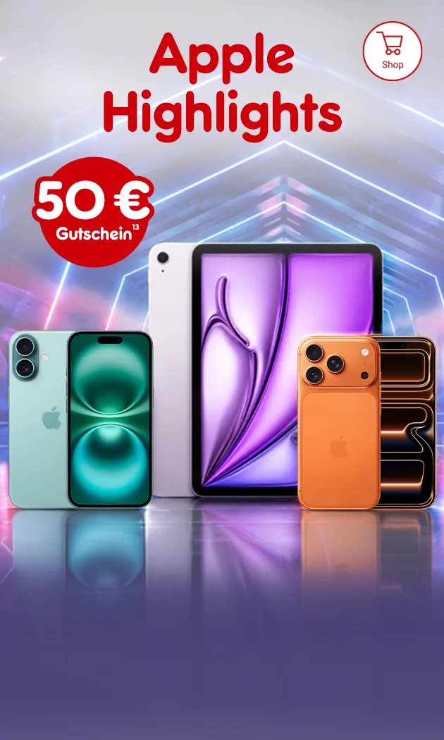 Apple Highlights. 50 &euro; Gutschein mit Hinweis auf Rechtstext.