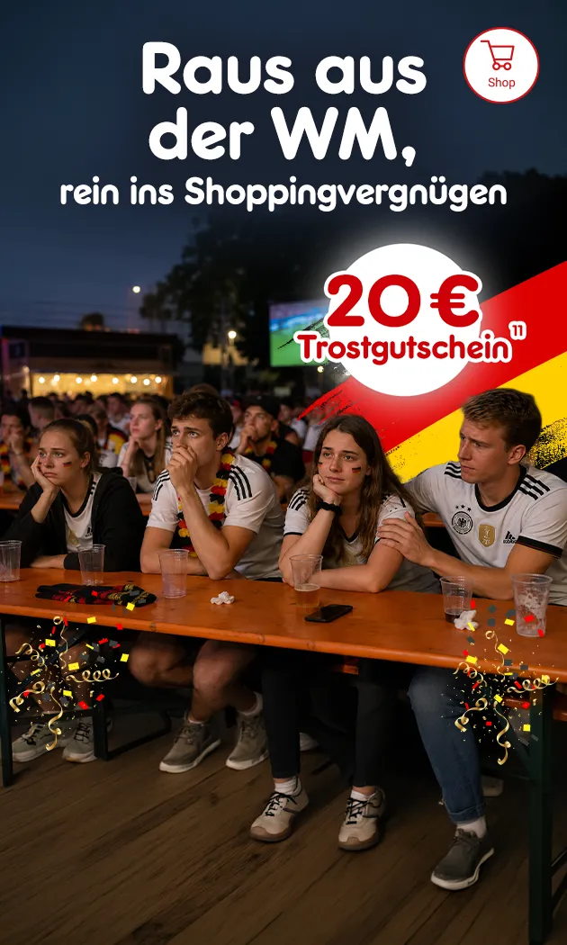 Werbebanner f&uuml;r 20 &euro; Trostgutschein aufgrund des Ausscheidens von Deutschland aus der Fu&szlig;ball WM mit Hinweis auf Rechtstext.