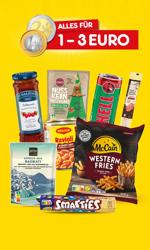 Diese Grafik zeigt auf gelbem Hintergrund die &Uuml;berschrift &bdquo;Alles f&uuml;r eins bis drei Euro&ldquo; mit einer Ein-Euro- und einer Zwei-Euro-M&uuml;nze, daneben verschiedene Produkte: Maggi Ravioli in pikanter Sauce, eine Nuss-Kern-Mischung, einen Express-Reis Basmati, einen HELL Energy Drink mit Wassermelone, St. Dalfour Erdbeere, McCain Western Fries Smoky Barbecue Style und Smarties. Unten links ist ein rundes Symbol mit der Aufschrift &bdquo;Filiale&ldquo; zu sehen. Unten rechts befindet sich ein Button mit der Aufschrift &bdquo;Jetzt Angebote entdecken&ldquo;, der zum Klicken einl&auml;dt.