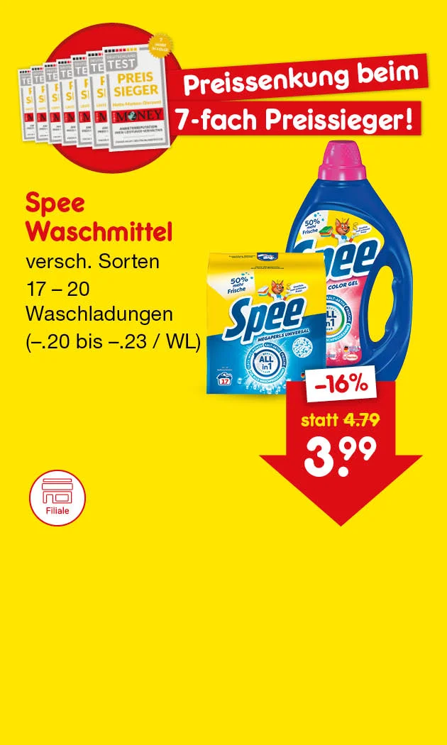 Diese Grafik zeigt einen gelben Hintergrund mit dem Artikel Speed Waschmittel in verschiedenen Sorten, mehreren Siegeln hintereinander mit der Auszeichnung &bdquo;Preissieger&ldquo;, dem Hinweis &bdquo;Preissenkung beim siebenfachen Preissieger&ldquo;, einer Packung und einer Flasche, der Angabe siebzehn bis zwanzig Waschladungen sowie minus zwanzig bis minus dreiundzwanzig Cent pro Waschladung, dazu einen roten Preis-Pfeil mit minus sechzehn Prozent und dem Preis statt vier Euro neunundsiebzig jetzt drei Euro neunundneunzig. Unten l&auml;dt der Button &bdquo;Weitere preisgesenkte Artikel&ldquo; zum Klicken ein.