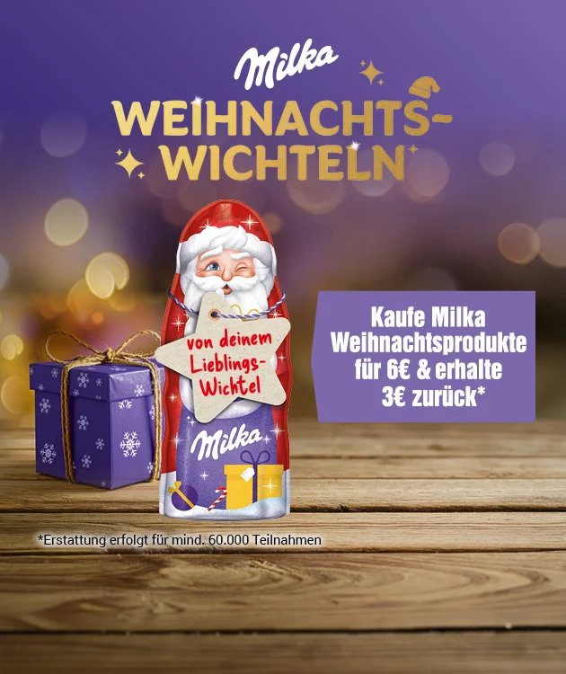Diese Grafik zeigt auf violettem Hintergrund mit warmen Lichtpunkten oben das Milka-Logo und den Hinweis &bdquo;Weihnachts-Wichteln&ldquo;, links eine weihnachtliche Milka-Figur neben lila Geschenkpaketen auf einer Holzfl&auml;che und rechts den Text &bdquo;Kaufe Milka Weihnachtsprodukte f&uuml;r sechs Euro und erhalte sechs Euro zur&uuml;ck&ldquo; mit einem Sternchen; der Sternchentext dazu lautet: Erstattung erfolgt f&uuml;r mindesetens sechzigtausend Teilnehmer:innen; ganz unten l&auml;dt ein Button mit der Aufschrift &bdquo;Hier mehr erfahren&ldquo; zum Klicken ein.