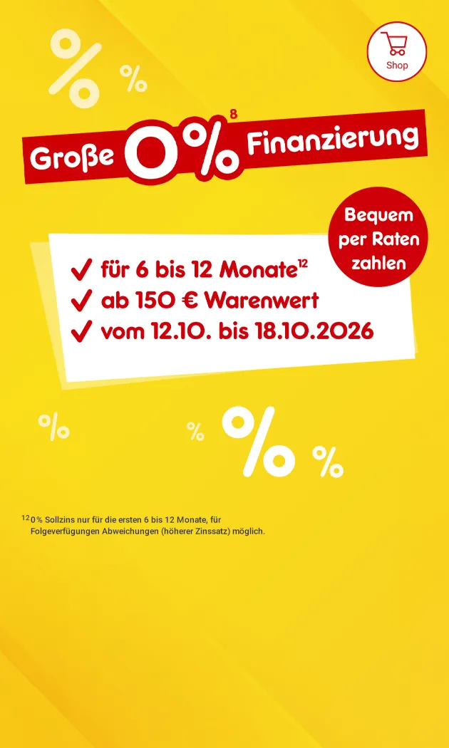 Go&szlig;e 0 Prozent Finanzierung f&uuml;r 6 bis 12 Monate ab 150&euro; Warenwert vom 12.10. - 18.10.2026 und Hinweis auf Rechtstext als Hochzahl 8 und 12 bei Netto Online