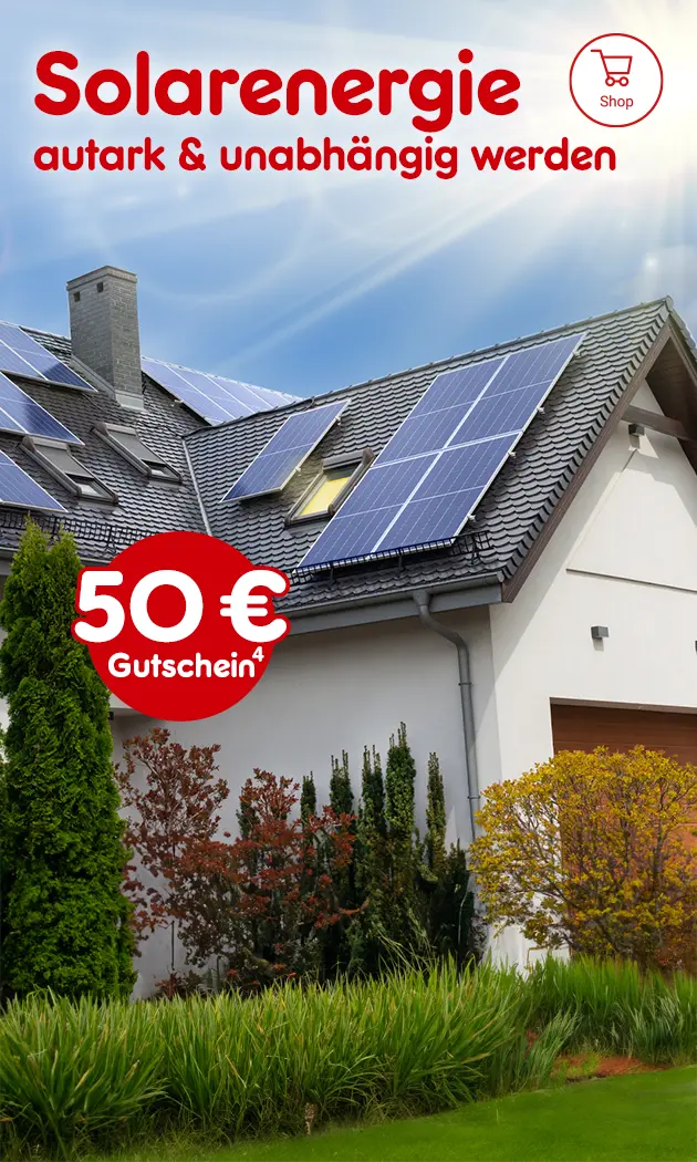 50 Euro Solargutschein zum Discountpreis. autark und unabh&auml;ngig bleiben bei Netto-Online mit der Hochzahl 4 verweisend auf Rechtstexte.