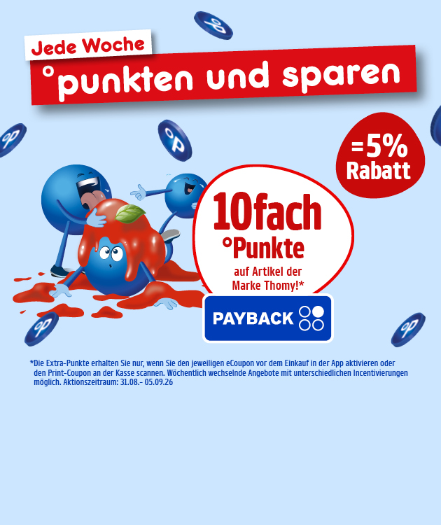 Diese Grafik zeigt auf hellblauem Hintergrund mehrere schwebende blaue Payback-Punkte, oben den Schriftzug &bdquo;Jede Woche punkten und sparen&ldquo; in roten und wei&szlig;en Balken und links daneben drei blaue Pointees: Ein Pointee zerdr&uuml;ckt einem anderen Pointee eine Tomate auf dem Kopf, sodass rote Tomatenso&szlig;e herumspritzt und am Boden liegt, w&auml;hrend ein dritter Pointee lachend danebensteht. In der Mitte steht in einem wei&szlig;en Kreis &bdquo;zehnfach Punkte auf Artikel der Marke Thomy&ldquo;, daneben in einem roten Kreis &bdquo;gleich f&uuml;nf Prozent Rabatt&ldquo;, darunter das Payback-Logo. Unten steht als Sternchentext: &bdquo;Die Extra-Punkte erhalten Sie nur, wenn Sie den jeweiligen eCoupon vor dem Einkauf in der App aktivieren oder den Print-Coupon an der Kasse scannen. W&ouml;chentlich wechselnde Angebote mit unterschiedlichen Incentivierungen m&ouml;glich. Aktionszeitraum: einunddrei&szlig;igster August bis f&uuml;nfter September zweitausendsechsundzwanzig.&ldquo; Ganz unten befindet sich ein Button mit der Aufschrift &bdquo;Hier mehr erfahren&ldquo;, der zum Klicken einl&auml;dt.