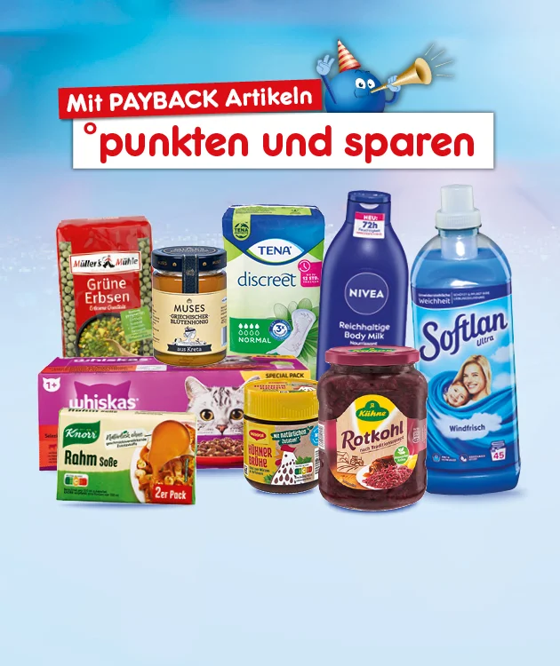 Grafik mit blauem Hintergrund, darauf steht in wei&szlig;er und roter Schrift &bdquo;Mit Payback Artikeln punkten und sparen&ldquo;. Rechts oben ist ein blauer Pointee mit Partyh&uuml;tchen und Tr&ouml;te. Im Vordergrund sind verschiedene Produkte sichtbar: M&uuml;ller's M&uuml;hle gr&uuml;ne Erbsen, Knorr Rahm So&szlig;e Zweierpack, Edeka Erdnussbutter, Edeka M&uuml;slies, Tena Discreet Einlagen, Whiskas Katzenfutter, Nivea Reichhaltige Body Milk 72h, K&uuml;hne Rotkohl und Softlan Ultra Weichsp&uuml;ler Windfrisch. Unten mittig befindet sich ein wei&szlig;er Button mit rotem Rand und roter Schrift &bdquo;Jetzt Angebote entdecken&ldquo;, der zum Klicken auffordert.