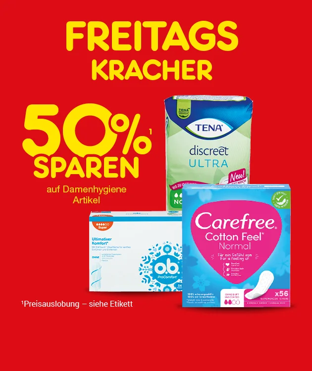 Diese Grafik zeigt auf rotem Hintergrund die gelbe &Uuml;berschrift &bdquo;Freitags-Kracher&ldquo; sowie &bdquo;f&uuml;nfzig Prozent sparen auf Damenhygiene-Artikel&ldquo;. Abgebildet sind Produkte von TENA discreet Ultra, eine OB-Packung und eine Packung Carefree Cotton Feel Normal. Sternchentext: &bdquo;Preisauslobung &ndash; siehe Etikett.&ldquo; Der wei&szlig;e Butten unten &bdquo;Weitere Knaller-Angebote entdecken&ldquo; l&auml;dt zum Klicken ein.