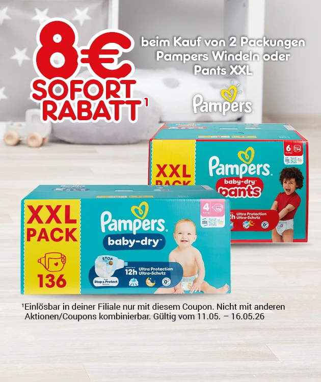 Diese Grafik zeigt einen hellblauen Hintergrund. Oben links steht gro&szlig; &bdquo;acht Euro Sofort rabatt" mit einer hochgestellten eins, daneben in kleiner Schrift &bdquo;beim Kauf von zwei Packungen Pampers Windeln oder Pants xxl&ldquo; sowie das Pampers-Logo. Rechts sind Pampers-Packungen abgebildet, darunter &bdquo;Pampers pants&ldquo; in Gr&ouml;&szlig;e xxl. Links unten ist ein gelbes Feld &bdquo;xxl pack&ldquo; mit einer gro&szlig;en &bdquo;hundertsechsunddrei&szlig;ig&ldquo;. Unten steht klein der Text zur hochgestellten eins mit Hinweis zu Einl&ouml;sung und G&uuml;ltigkeit: nur in deiner Filiale, nicht mit anderen Aktionen oder Coupons kombinierbar, g&uuml;ltig vom elften Mai bis sechzehnten Mai zweitausendsechsundzwanzig. Ganz unten mittig ein wei&szlig;er Button mit roter Umrandung und roter Schrift &bdquo;Weitere Sparangebote entdecken&ldquo;, der zum Klicken einl&auml;dt.