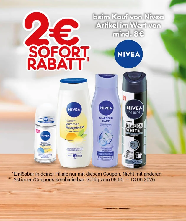 Der Banner zeigt 2 Euro Sofortrabatt beim Kauf von Nivea-Artikeln ab einem Einkaufswert von mindestens 8 Euro. Zu sehen sind mehrere Nivea-Produkte wie Cremebad, Body Lotion und Deo, daneben das Nivea-Logo. Unten befindet sich ein Button mit &bdquo;Weitere Sparangebote entdecken&ldquo;.