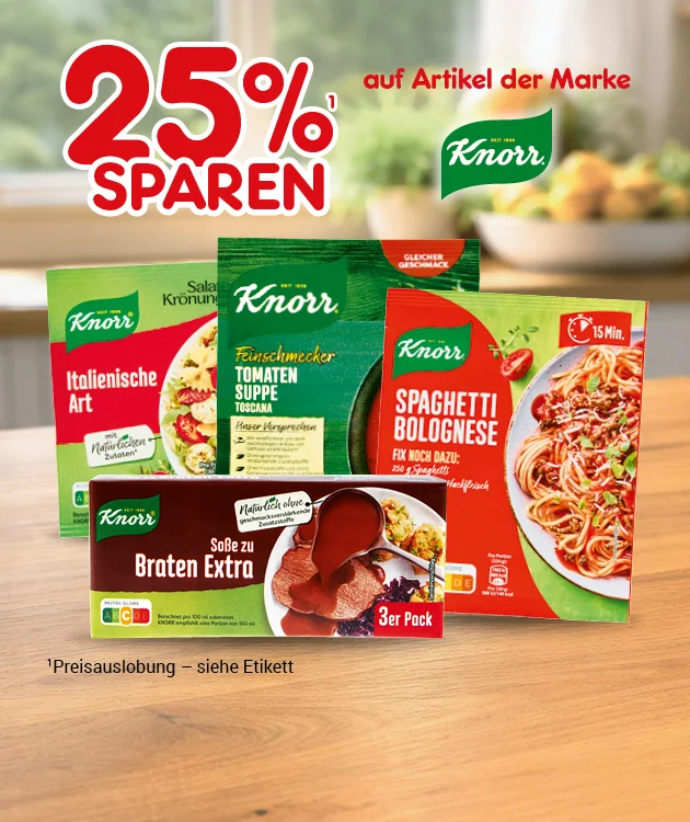 Diese Grafik zeigt auf einem hellen Hintergrund &uuml;ber einer Holzfl&auml;che den Text &bdquo;f&uuml;nfundzwanzig Prozent sparen auf Artikel der Marke Knorr&ldquo; mit Knorr-Logo sowie mehrere Knorr-Produkte, darunter Salatkr&ouml;nung Italienische Art, Feinschmecker Tomaten Suppe, Spaghetti Bolognese und So&szlig;e zu Braten Extra im Dreierpack. Unten steht in kleiner Schrift &bdquo;Preisauslobung &ndash; siehe Etikett&ldquo;. Ganz unten befindet sich ein Button mit &bdquo;Weitere Sparangebote entdecken&ldquo;, der zum Klicken einl&auml;dt.