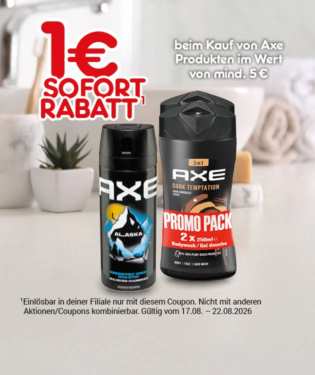Diese Grafik zeigt auf hellem Hintergrund den Text &bdquo;ein Euro Sofort-Rabatt&ldquo; und &bdquo;beim Kauf von Axe Produkten im Wert von mindestens f&uuml;nf Euro&ldquo;, daneben zwei schwarze Axe-Produkte, darunter ein Promo Pack, den Sternchentext &bdquo;Einl&ouml;sbar in deiner Filiale nur mit diesem Coupon. Nicht mit anderen Aktionen oder Coupons kombinierbar. G&uuml;ltig vom siebzehnten August bis zweiundzwanzigsten August zweitausendsechsundzwanzig&ldquo; sowie unten den Button &bdquo;Weitere Sparangebote entdecken&ldquo;, der zum Klicken einl&auml;dt.