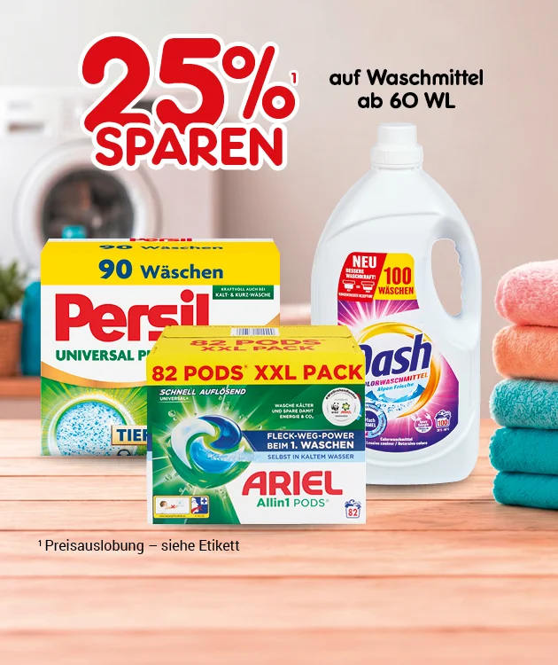 Diese Grafik zeigt auf Wohnraumhintergrund mit gefalteten Handt&uuml;chern die Aussage &bdquo;Drei&szlig;ig Prozent sparen auf Waschmittel ab sechzig Waschladungen&ldquo;. Abgebildet sind Ariel Allineins Pods im XXL Pack, Dash Waschmittel mit einhundert Waschladungen und Persil Waschmittel mit neunzig Waschladungen. Der Hinweis lautet: &bdquo;Preisauslobung &ndash; siehe Etikett.&ldquo; Unten l&auml;dt ein Button &bdquo;Weitere Sparangebote entdecken&ldquo; zum Klicken ein.