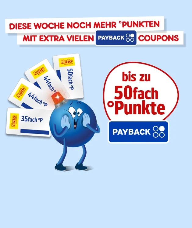 Diese Grafik zeigt auf hellblauem Hintergrund den Text &bdquo;Diese Woche noch mehr Punkte mit extra vielen Payback Coupons&ldquo;. Links sind vier Netto-Coupons mit den Angaben &bdquo;f&uuml;nfunddrei&szlig;igfach Punkte&ldquo;, &bdquo;vierundvierzigfach Punkte&ldquo;, &bdquo;vierundvierzigfach Punkte&ldquo; und &bdquo;f&uuml;nfzigfach Punkte&ldquo; zu sehen. Daneben steht ein blauer Pointee mit rot leuchtendem Signalhorn auf dem Kopf. Rechts zeigt ein wei&szlig;er Kreis mit rotem Rand den Hinweis &bdquo;bis zu f&uuml;nfzigfach Punkte&ldquo; &uuml;ber einem Payback-Logo. Ganz unten l&auml;dt ein Button mit der Aufschrift &bdquo;Hier mehr erfahren&ldquo; zum Klicken ein.