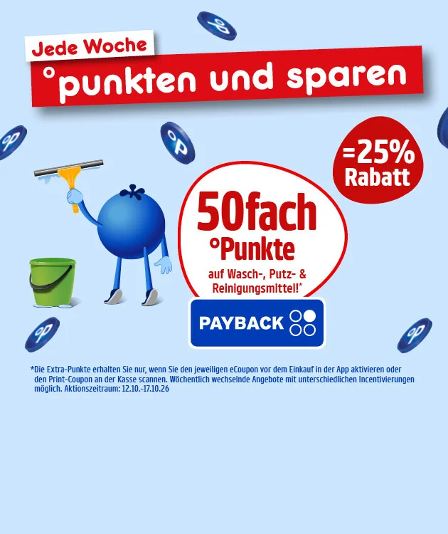 Diese Grafik zeigt auf hellblauem Hintergrund oben den Hinweis &bdquo;Jede Woche &deg;punkten und sparen&ldquo;. Links ist die blaue Payback-Figur mit einem Wischmopp und einem gr&uuml;nen Putzeimer abgebildet. Daneben steht in einem wei&szlig;en Kreis &bdquo;50fach &deg;Punkte auf Wasch-, Putz- & Reinigungsartikel*&ldquo; mit Payback-Logo; rechts weist ein roter Kreis auf &bdquo;=25 % Rabatt&ldquo; hin. Im Hintergrund sind mehrere schwebende Payback-Punkte zu sehen. Unten steht ein Hinweis zur Aktivierung des Coupons in der App oder an der Kasse sowie zum Aktionszeitraum vom 12.10. bis 17.10.2026. Unten in der Mitte l&auml;dt ein Button mit der Aufschrift &bdquo;Jetzt Netto plus App downloaden&ldquo; zum Klicken ein.