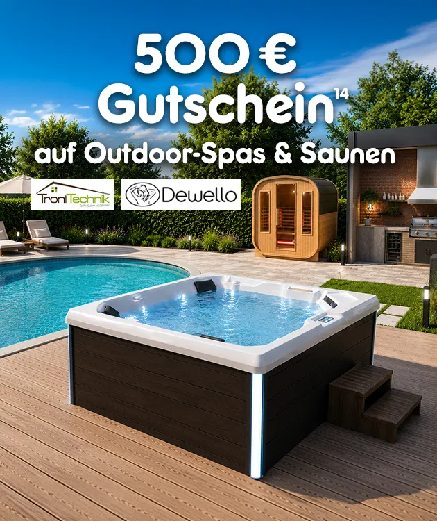 500&euro; Gutschein auf Outdoor-Spa und Saunen bei Netto-Online. Mit Hochzahl 14 auf Hinweis auf Rechtstext.