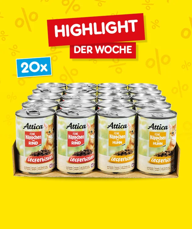 Bild zeigt zwanzig Dosen Attica Leckerbissen Katzenfutter in den Sorten Rind und Huhn. Oben steht &bdquo;Highlight der Woche&ldquo; in wei&szlig;er Schrift auf rotem Hintergrund. Links ist ein blaues Feld mit &bdquo;Zwanzig mal&ldquo;. Unten befindet sich ein wei&szlig;-roter Button mit der Aufschrift &bdquo;Weitere Angebote entdecken&ldquo;, der zum Klicken einl&auml;dt.